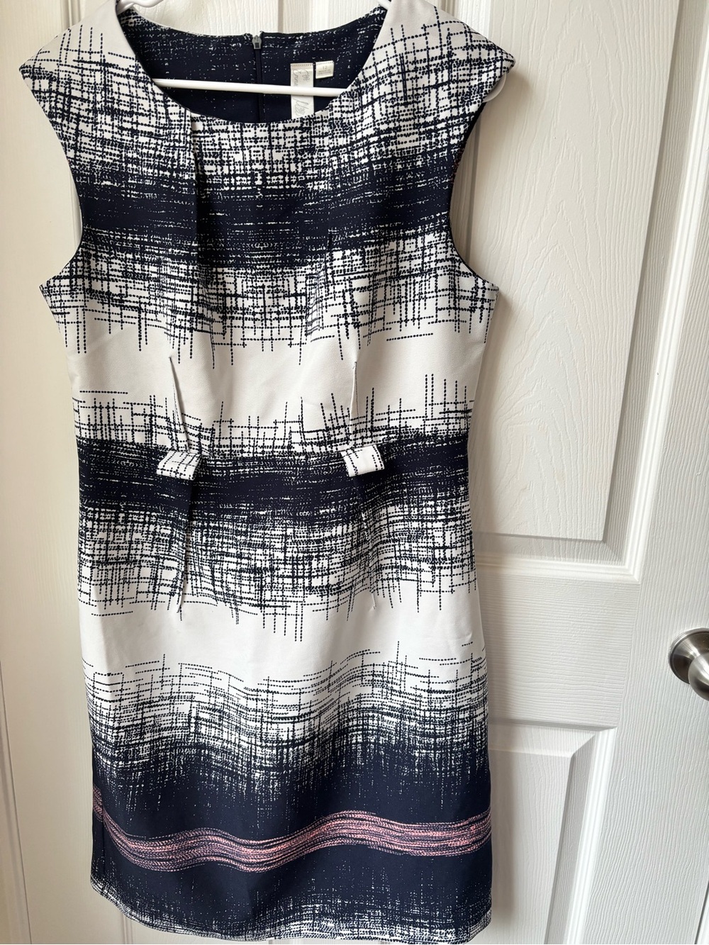 Emma and Michelle Navy and White Patterned Dress with Pink Detail